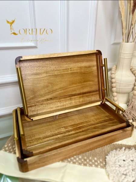 صواني خشب طبيعي مع مقابض معدن ذهبية 3 قطع